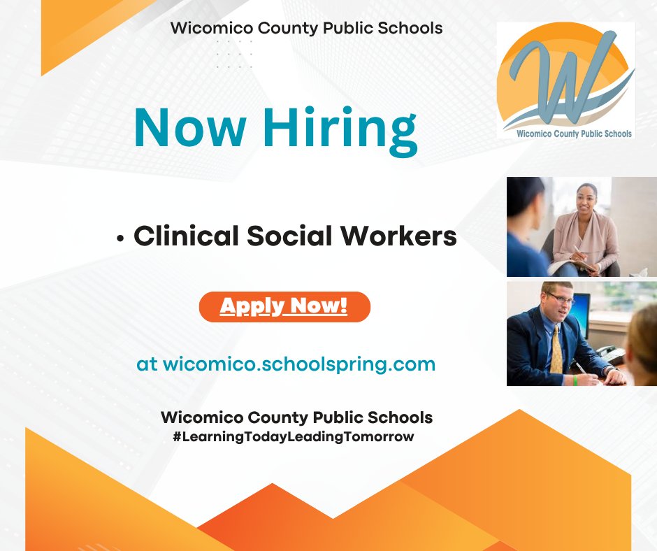 JOIN OUR TEAM! We are now hiring Licensed Clinical Social Workers to join our amazing school system!  Apply today at wicomico.schoolspring.com/?jobid=5155073

#WicomicoCountyPublicSchools
#LearningTodayLeadingTomorrow