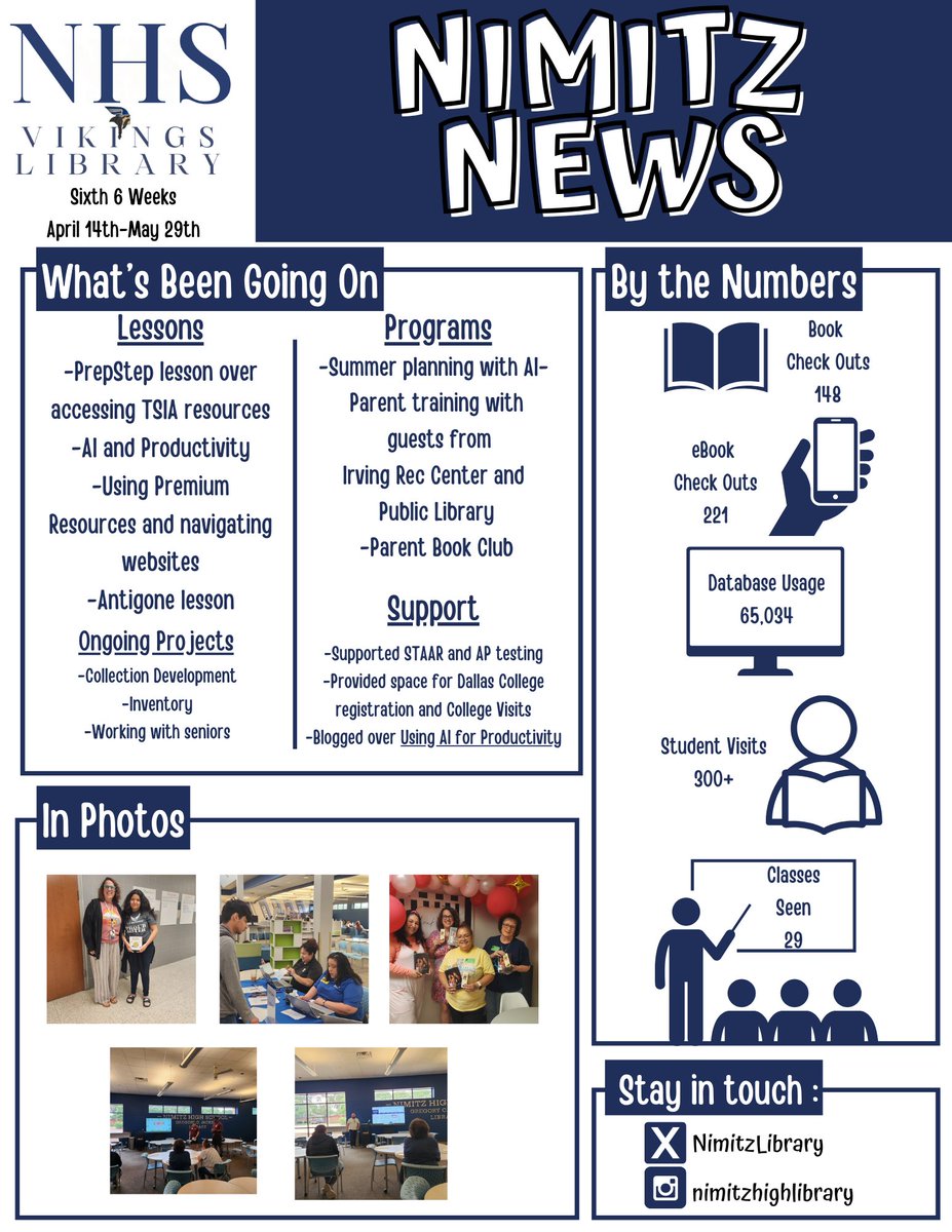 Nimitz Library (@nimitzlibrary) on Twitter photo 📚 Wrapping up the 6th 6 weeks strong at the <a href="/NimitzVikings/">Nimitz High School</a> Library! From testing support to AI parent training, book clubs, and helping seniors—plus 65K+ database uses! 💻📖
Check it all out 👉 #irvingreads 📚 Wrapping up the 6th 6 weeks strong at the <a href="/NimitzVikings/">Nimitz High School</a> Library! From testing support to AI parent training, book clubs, and helping seniors—plus 65K+ database uses! 💻📖
Check it all out 👉 #irvingreads