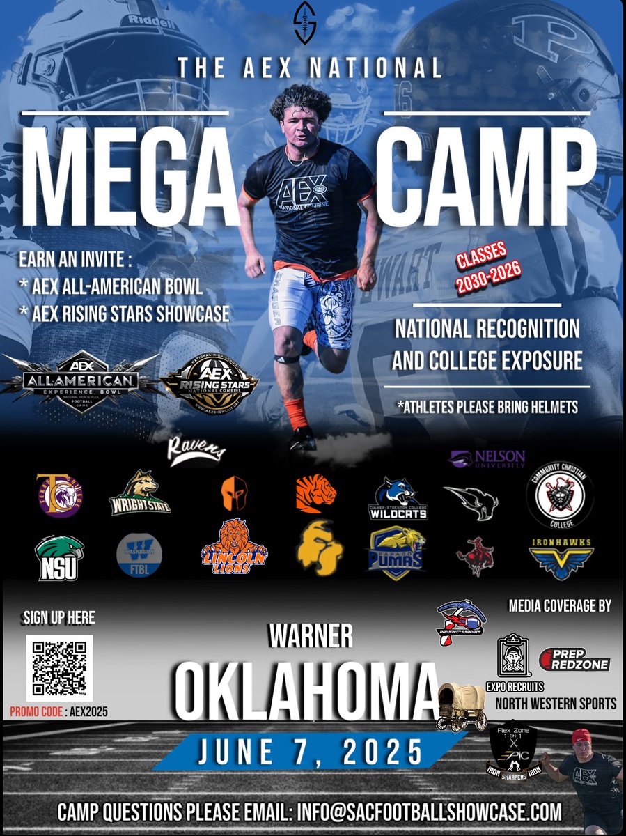 <a href="/TyGaither85/">Ty Gaither</a> 
BRING YOUR HELMETS!!

YOU’RE INVITED TO THE AEX NATIONAL MEGA CAMP OKLAHOMA – JUNE 7TH AT WARNER HS 1012 5th Ave. Warner, OK 74469
CLASS OF 2026-2030
Over 20 colleges has committed to the combine. We need to see you in the place ready to compete.
PURCHASE YOU’RE