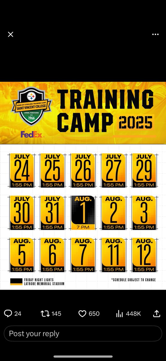 Happy Steelers training camp announcement day. I am available as of now on July 24-25, July 30-31, August 1st, August 6-7, August 11-12. I will probably meet up with friends on August 6-7. Will try to make it one of the other weeks also. Hope to see many of you there.