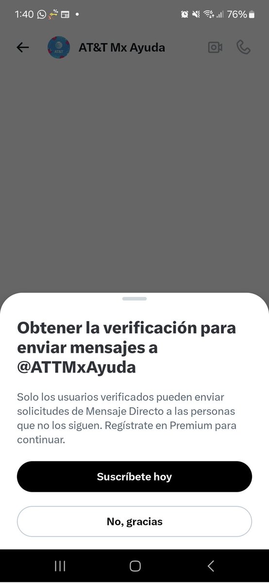 zetysb's tweet photo. @ATTMxAyuda No me deja enviar msj directo si no tengo la verificación, la cual no voy a pagar. https://t.co/hp9q75alIR