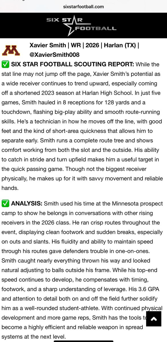 XavierSmith008's tweet image. Thank you @sixstarfootball for the write up. @gmoneyg102489 @PRYDE_210 @coachesalas @2MGE_ @MikeM_Scout @iam_alinedouard @BDammone @_RL_Martin
