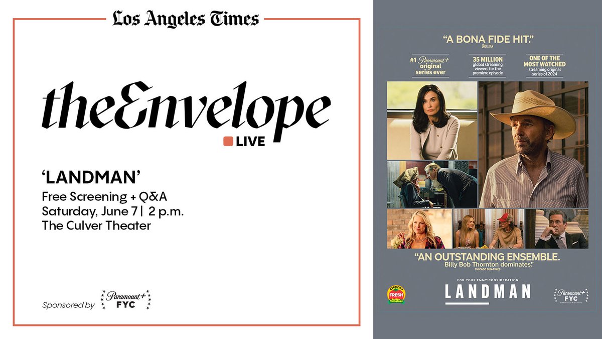 Join us in the afternoon on June 7 for a FREE in-person screening of the <a href="/landmanpplus/">Landman</a> season finale, followed by a live Q&amp;A with stars Billy Bob Thornton, Ali Larter, Andy Garcia and Jacob Lofland, moderated by <a href="/GeBraxton/">Greg Braxton</a>! 📺🤠

Reserve your seats now! tixr.com/groups/latimes…
