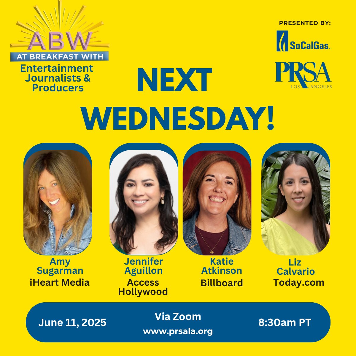 PRSALA's tweet image. NEXT WED.! We’re just days away from #PRSALA #ABW...Entertainment Journalists &amp;amp; Producers virtual panel!
Join us June 11 at 8:30 AM PT for a dynamic conversation with top industry insiders:
@aasugarman  @lizcalvario  @xjag  @ktatkinson 
lp.constantcontactpages.com/ev/reg/n744arn