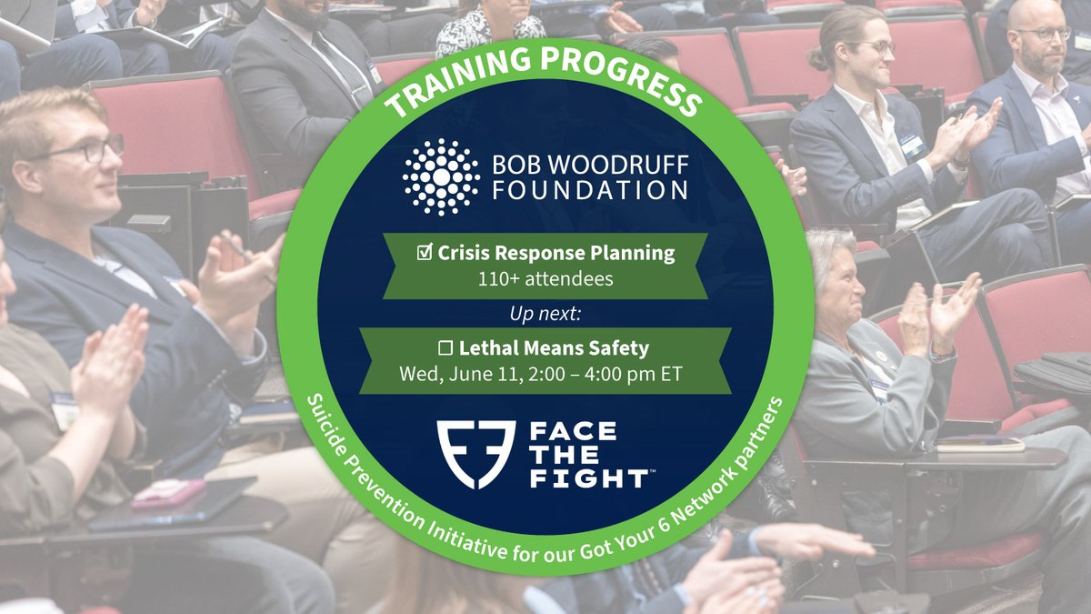 Bob Woodruff Foundation (@bwforg) on Twitter photo Our Suicide Prevention Initiative with <a href="/WeFaceTheFight/">WeFaceTheFight</a> is off to a strong start đź’Ş 110 veteran serving professionals from 40 #GotYour6 partners joined us for Crisis Response Planning.
Next up: Lethal Means Safety đź”’
📅 June 11 | 2–4PM ET
Register:app.smartsheet.com/b/form/a08cf36… Our Suicide Prevention Initiative with <a href="/WeFaceTheFight/">WeFaceTheFight</a> is off to a strong start 💪 110 veteran serving professionals from 40 #GotYour6 partners joined us for Crisis Response Planning.
Next up: Lethal Means Safety đź”’
📅 June 11 | 2–4PM ET
Register:app.smartsheet.com/b/form/a08cf36…