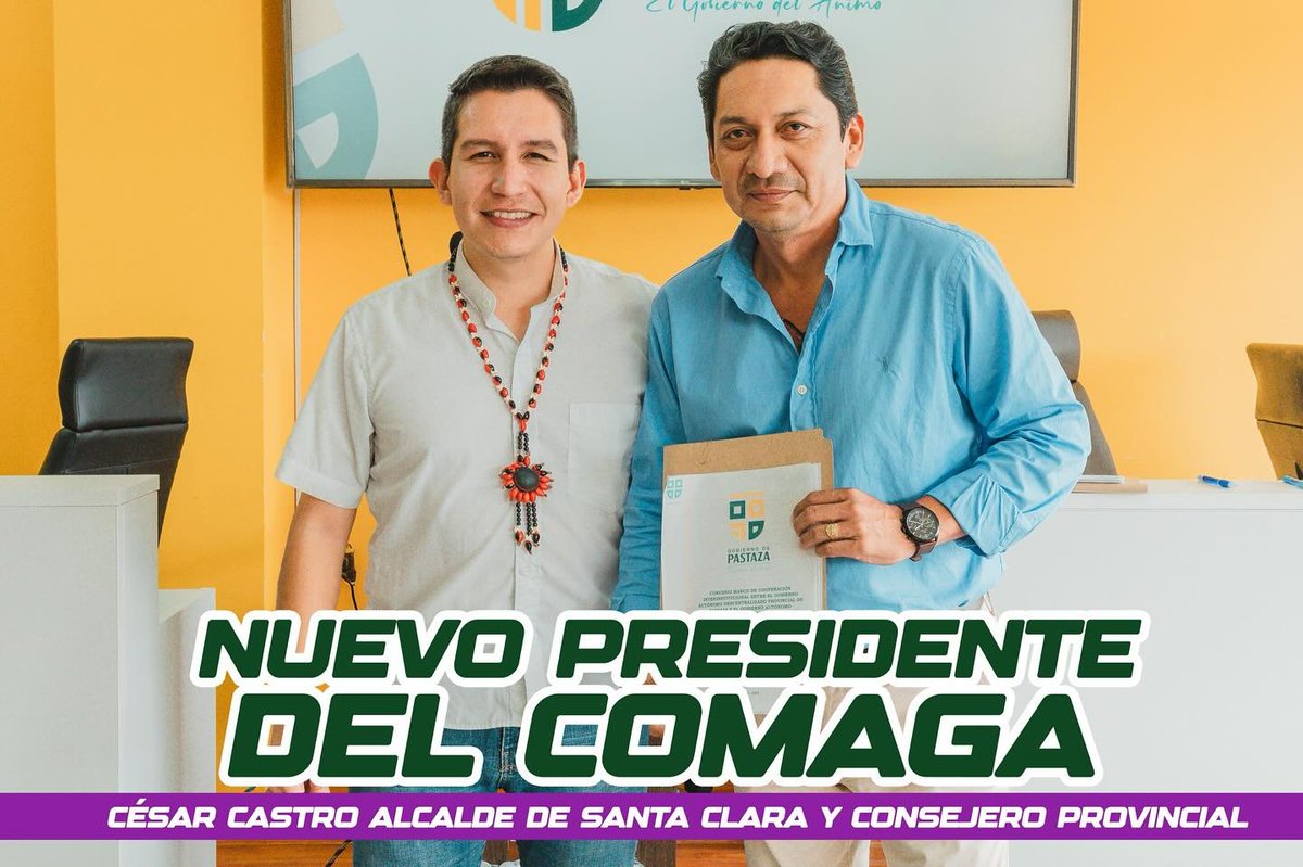 El Ing. César Castro alcalde del cantón Santa Clara fue electo como presidente del <a href="/comagaec/">COMAGA</a> extendemos nuestras felicitaciones y reafirmamos el compromiso de trabajar  por una #Amazonía unida y con una gestión territorial sistenible. #ElGobiernoDelAnimo <a href="/andregrandag/">André Granda</a>