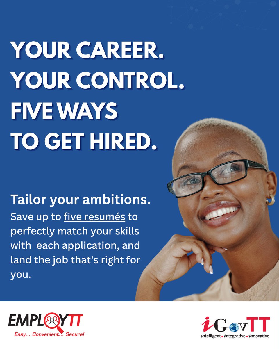 iGovTT (@igovtt) on Twitter photo Ready to make your move?
Find the vacancies you're looking for, and keep up to 5 resumes on hand to help you put your best foot forward.
Public sector opportunities powered by EmployTT.
employtt.gov.tt
#EmployTT #PoweredByiGovTT #Vacancies Ready to make your move?
Find the vacancies you're looking for, and keep up to 5 resumes on hand to help you put your best foot forward.
Public sector opportunities powered by EmployTT.
employtt.gov.tt
#EmployTT #PoweredByiGovTT #Vacancies