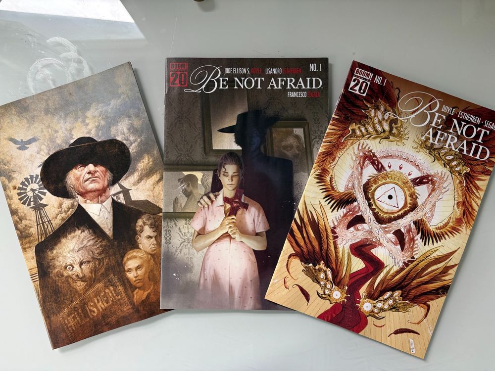 Today's the day: As of June 4, my mutant angel baby, BE NOT AFRAID #1, is out on stands. Here are three of its five exceptionally lovely covers, for you to search for at your local comic shop. FOC for #2 is June 9, so hurry up.