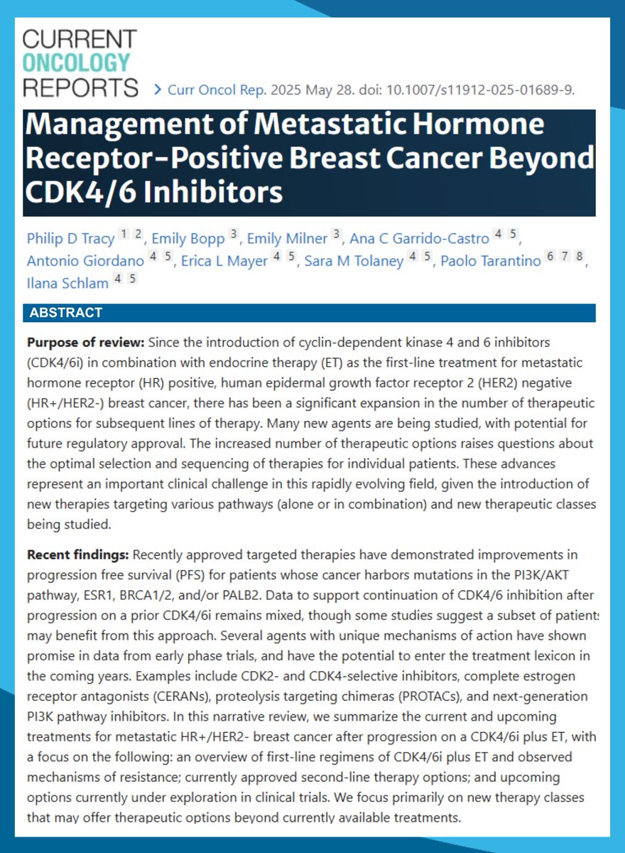Dana-Farber’s Breast Oncology Center (@dfci_breastonc) on Twitter photo Check out this recent review on the management of metastatic hormone receptor-positive #BreastCancer Beyond CDK4/6 Inhibitors.
🔓pubmed.ncbi.nlm.nih.gov/40434676/
✍️<a href="/antgiorda/">Antonio Giordano, MD PhD</a> <a href="/elmayermd/">Erica Mayer</a> <a href="/stolaney1/">Sara Tolaney</a> <a href="/PTarantinoMD/">Paolo Tarantino</a> <a href="/IlanaSchlam/">Ilana Schlam</a> @AnaGarridoCastro Check out this recent review on the management of metastatic hormone receptor-positive #BreastCancer Beyond CDK4/6 Inhibitors.
🔓pubmed.ncbi.nlm.nih.gov/40434676/
✍️<a href="/antgiorda/">Antonio Giordano, MD PhD</a> <a href="/elmayermd/">Erica Mayer</a> <a href="/stolaney1/">Sara Tolaney</a> <a href="/PTarantinoMD/">Paolo Tarantino</a> <a href="/IlanaSchlam/">Ilana Schlam</a> @AnaGarridoCastro