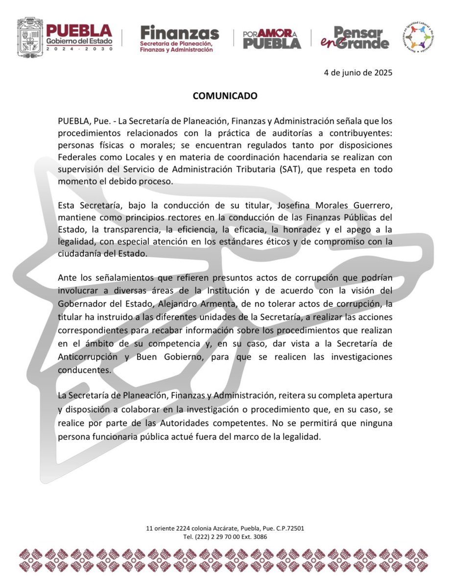 La Secretaría de Planeación, Finanzas y Administración reitera de manera enfática que ninguna persona servidora pública actuará fuera del marco de la legalidad.