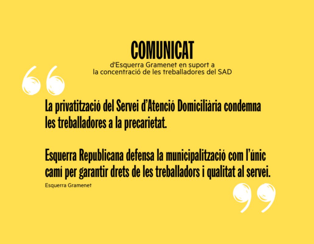 Quan el benestar es converteix en negoci, les persones deixen de comptar. 

La privatització porta precarietat, pèrdua de qualitat i negoci per a 4. 

Cal municipalitzar el servei i garantir drets per a qui cuida. Cuidar també és fer política feminista

locals.esquerra.cat/gramenet/artic…