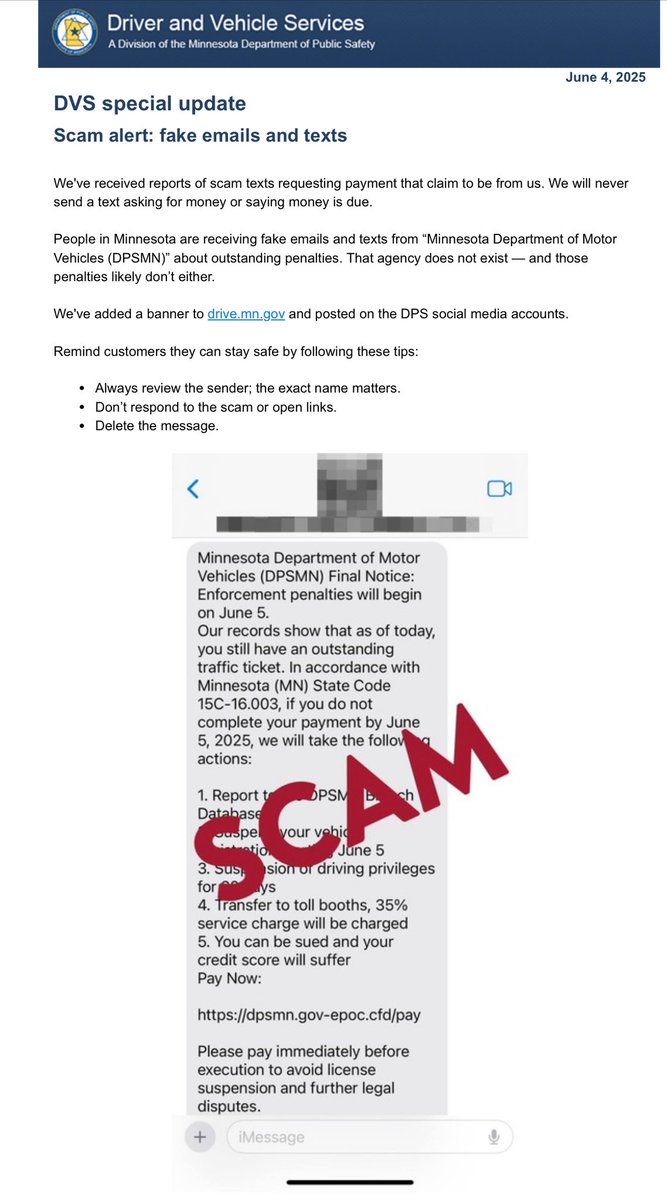 JimNashMN's tweet image. If you’re like me you may have gotten several of these today.
I recognized that it’s a scam and am glad that DVS has verified this in a formal email.
When you get texts/emails/electronic messages with something “scary” like this always take a minute to assess. Don’t pay ever