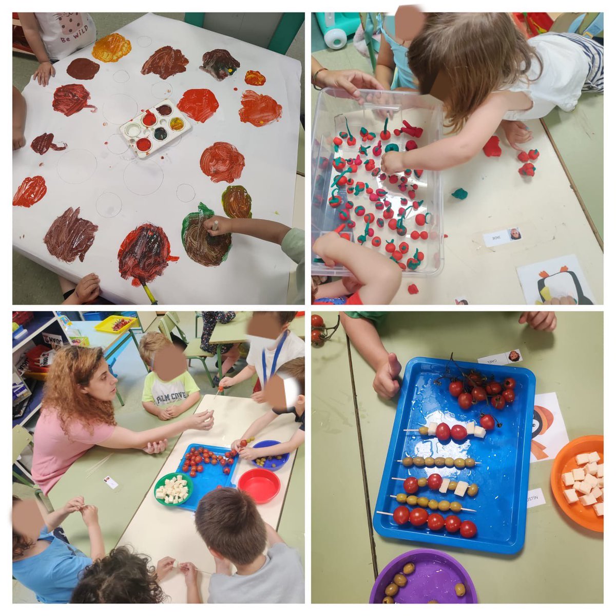 Grupos interactivos en las clases de 3 años: experimentamos los colores del tomate, hacemos un huerto de plasti y almorzamos las brochetas de tomate, aceituna y queso que preparamos durante la sesión. #LaPalomaCEIP Comunidad de aprendizaje