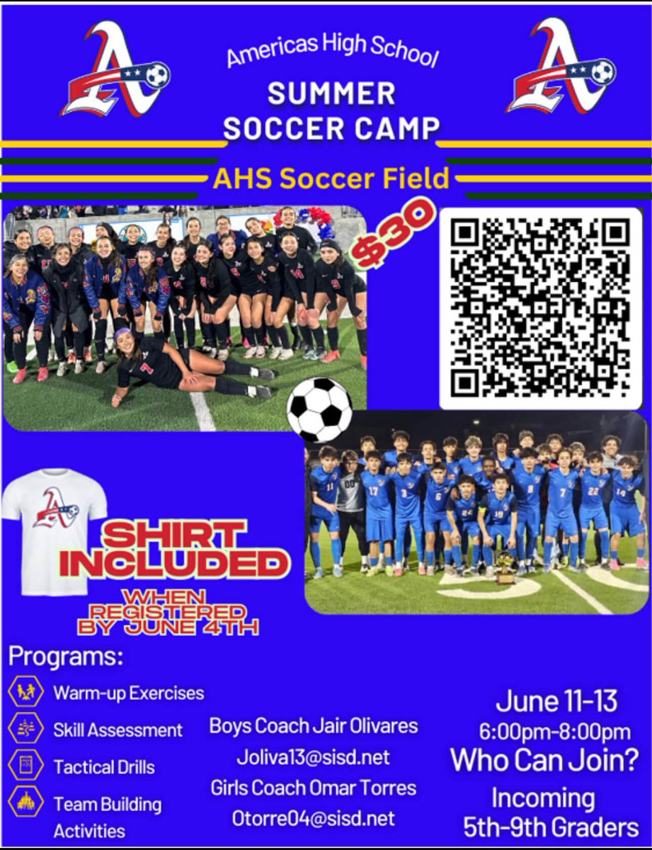 Americas High School Girls Soccer (@girls_soccerahs) on Twitter photo Registration is still open!
Blazer Soccer Summer Camp! 🔥
June 11-13! 6-8pm!❤️⚽️💙
➡️Scan the code!
<a href="/OTorres_AHS/">Omar Torres</a> <a href="/VVicencio_CMS/">Coach Veronica Perez Vicencio</a> <a href="/Americas_HS/">Nancy Torres</a> <a href="/americas_soccer/">Americas Boys Soccer</a> <a href="/coach_rye_/">Jonathan Rye</a>
<a href="/AthleticsJDS/">Drugan Dragons Athletics</a> <a href="/CMSAthletic/">CMS_Athletics</a> <a href="/WalterEClarkeMS/">Daniela Palmer</a> <a href="/JohnDrugan_PK8/">John Drugan PK-8</a> <a href="/LVerde_ES/">Loma Verde Elem</a> <a href="/SierraVista_SA/">Ashley Adcox</a> <a href="/VistaDelSol_ESA/">Jennifer Ellis-Martinez</a> Registration is still open!
Blazer Soccer Summer Camp! 🔥
June 11-13! 6-8pm!❤️⚽️💙
➡️Scan the code!
<a href="/OTorres_AHS/">Omar Torres</a> <a href="/VVicencio_CMS/">Coach Veronica Perez Vicencio</a> <a href="/Americas_HS/">Nancy Torres</a> <a href="/americas_soccer/">Americas Boys Soccer</a> <a href="/coach_rye_/">Jonathan Rye</a>
<a href="/AthleticsJDS/">Drugan Dragons Athletics</a> <a href="/CMSAthletic/">CMS_Athletics</a> <a href="/WalterEClarkeMS/">Daniela Palmer</a> <a href="/JohnDrugan_PK8/">John Drugan PK-8</a> <a href="/LVerde_ES/">Loma Verde Elem</a> <a href="/SierraVista_SA/">Ashley Adcox</a> <a href="/VistaDelSol_ESA/">Jennifer Ellis-Martinez</a>