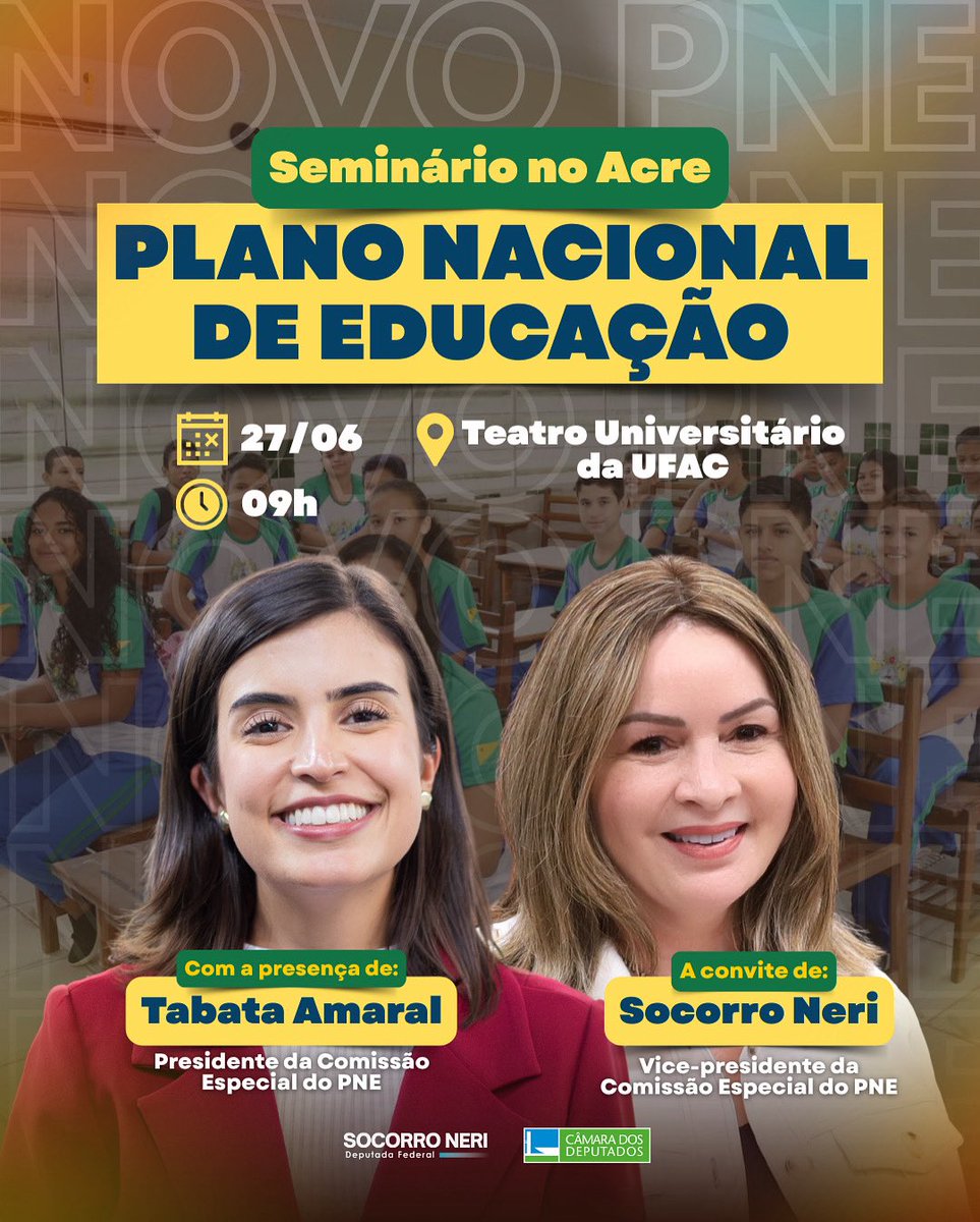 A meu convite, a deputada <a href="/tabataamaralsp/">Tabata Amaral</a> vem ao Acre para debater o novo Plano Nacional de Educação (PNE). O seminário será em 27/6, às 9h, na UFAC. Vamos ouvir quem vive a educação e construir juntos um plano à altura dos nossos sonhos. Evento aberto ao público!