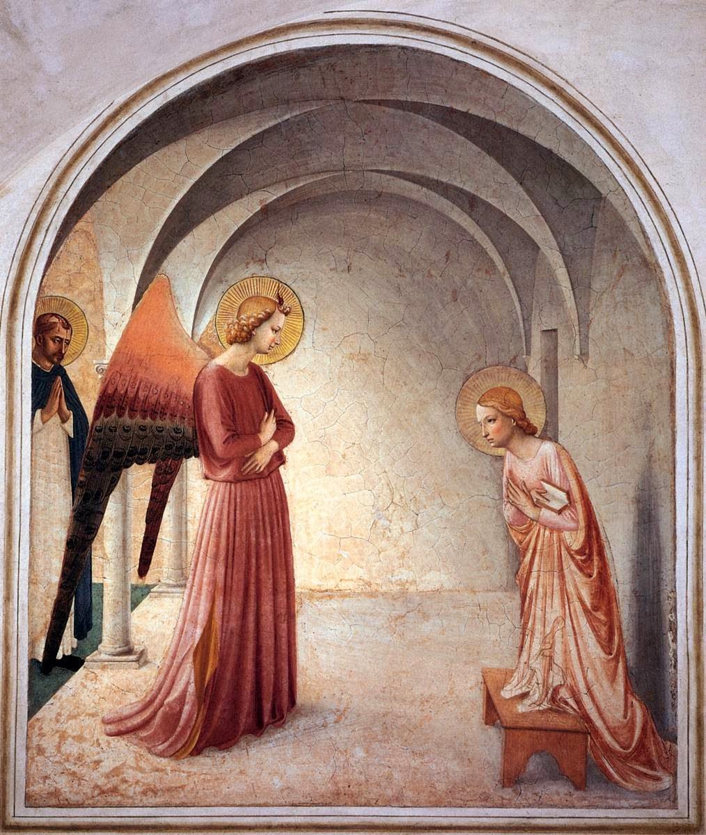 #FraAngelico
1440r. 176x148cm
San Marco, Florencja

Malarz przestawił Archanioła gęstszym, pełniejszym kolorem, nawet bardziej treściwym niż ukazana jest Dziewica. Jej różowy płaszcz otacza Ją jak "naczynie światła, przejrzyste jak alabaster" nadając niebiańskiej delikatności.