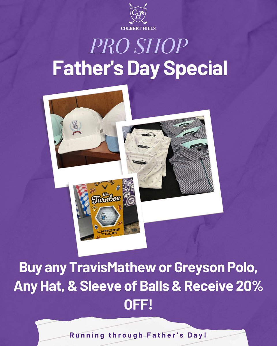🧢Father’s Day Pro Shop Special!👕
Now through Father’s Day, buy any TravisMathew or Greyson polo, any hat, &amp; sleeve of balls &amp; receive 20% OFF your bundle!
Treat Dad (or yourself) to the gear he loves &amp; save while you’re at it! #colberthills