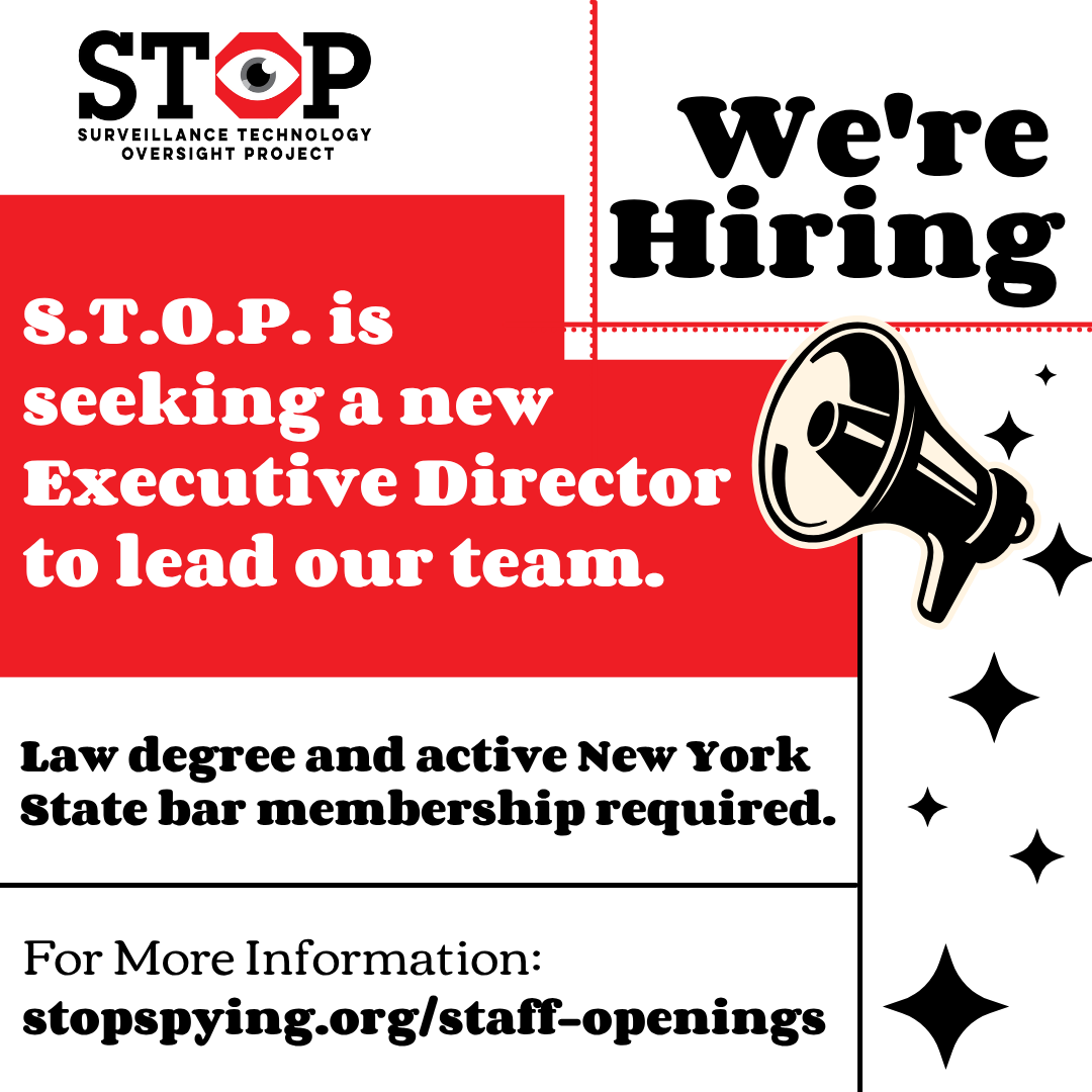 STOPSpyingNY's tweet photo. S.T.O.P seeks a visionary and justice-driven leader to serve as our next Executive Director. With expanded funding capacity, we’re excited to share we’ve significantly increased the salary for this position. Details here:  https://t.co/kgpyh5wLXZ https://t.co/OiCLZ4uOHG