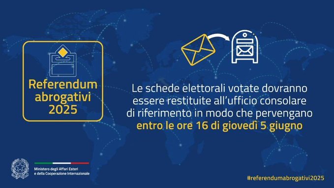 🗳️ #Referendumabrogativi2025 

📩Non hai ancora restituito le schede votate? La busta con le schede deve arrivare al Consolato entro le 16PST  del 5 giugno. 

Consulta il sito del Consolato per tutte le istruzioni 👇
shorturl.at/ocghj