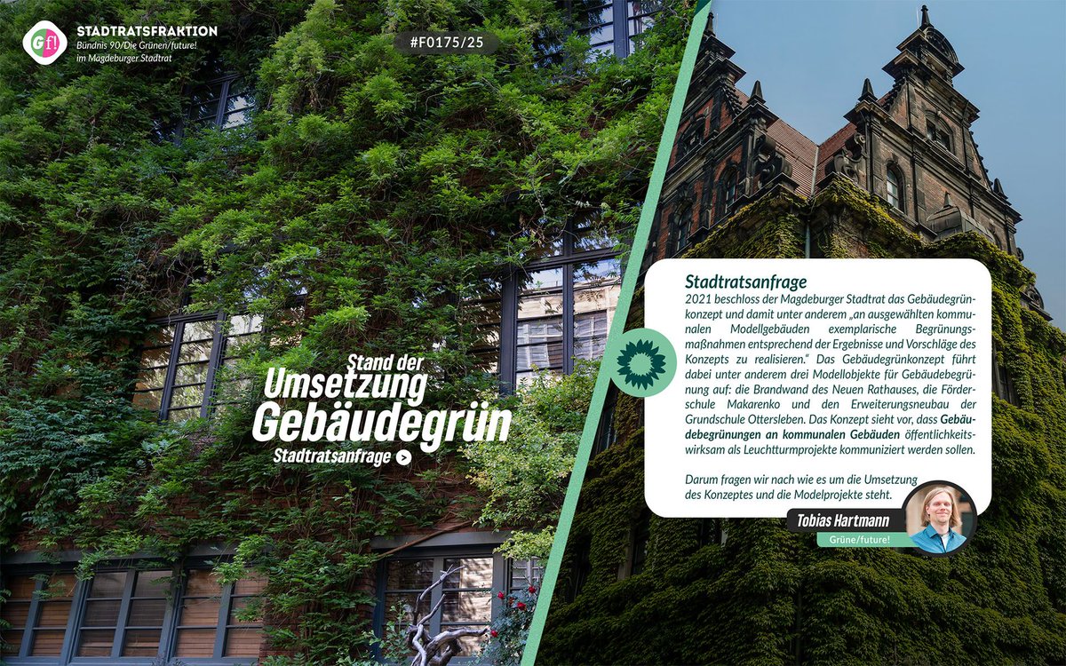 In einer Anfrage wollen wir wissen wie es mit dem Gebäudegrünkonzept vorangeht und ob die eingeplanten Modelprojekte umgesetzt werden. 
Zur Anfrage
ratsinfo.magdeburg.de/vo0050.asp?__k…