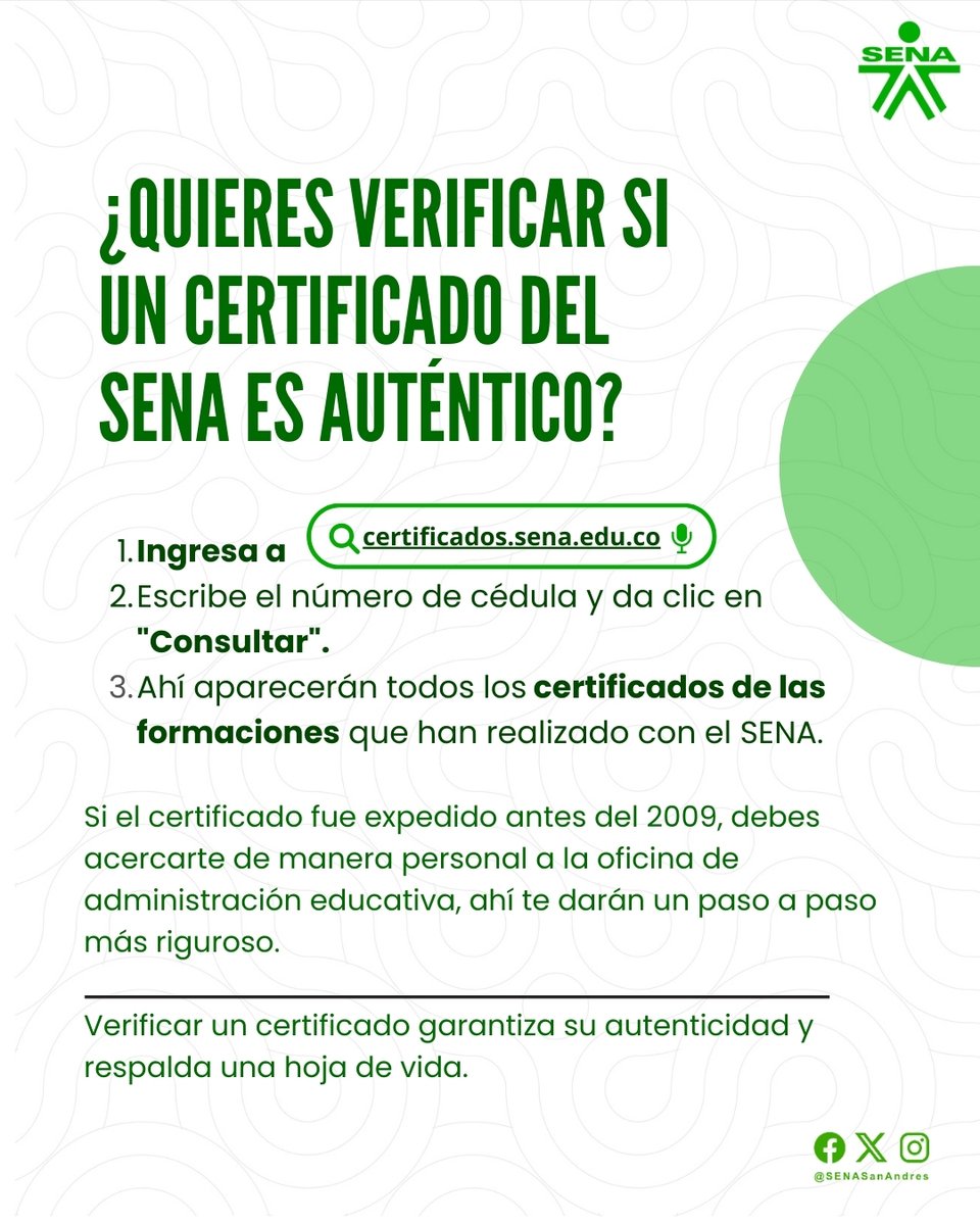 🎓✅ Verificar la autenticidad de un certificado del SENA es muy fácil y rápido.

🟢 Con esta herramienta garantizamos la transparencia y confianza de nuestros procesos formativos.

#SENASanAndrés #NoTeDejesEngañar #SomosSENA 💚