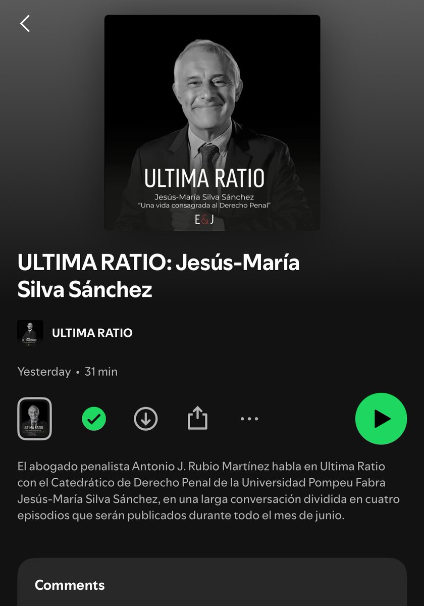 Les recomiendo este podcast en Spotify, en el que el Dr. <a href="/AmuraLegal/">Antonio J. Rubio Martínez</a> conversa con el maestro Jesús María Silva Sánchez. Es la primera de cuatro sesiones. No hay excusa para no estudiar a Silva.
open.spotify.com/episode/557D0x…