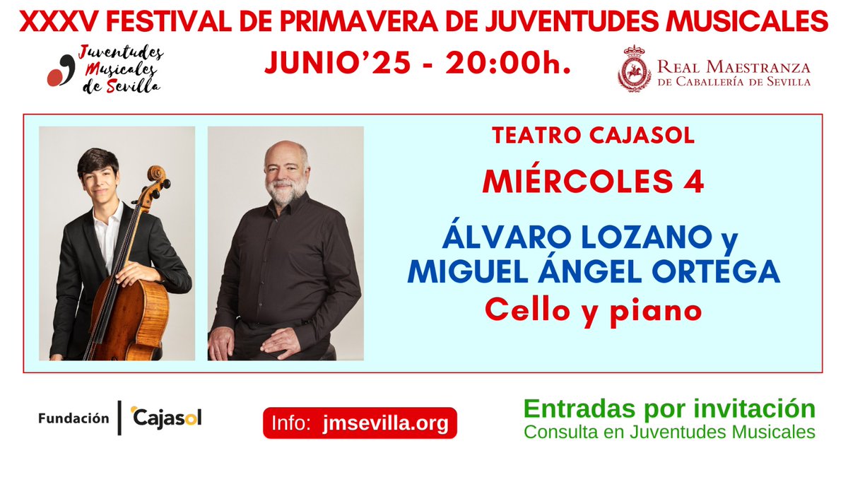 El joven cellista malagueño @alvarolozano_cello protagoniza el segundo concierto del Festival de Primavera de <a href="/jumusevilla/">Juventudes Musicales de Sevilla</a> en el Teatro <a href="/Cajasol/">Fundación Cajasol</a> 
Un talento emergente que además debutará en Octubre con la <a href="/SevillaROS/">Real Orquesta Sinfónica de Sevilla</a> en el <a href="/Maestranza/">Maestranza</a>
Invitaciones hoy en la taquilla de Cajasol.