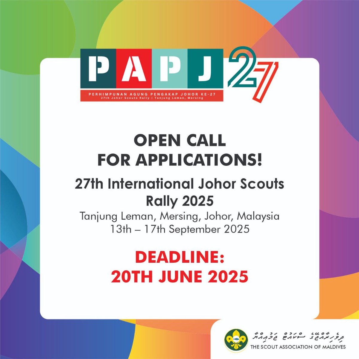 Join the 27th International Johor Scouts Rally 2025! 🇲🇾
📍 Tanjung Leman, Mersing Johor, Malaysia
📅 13th – 17th September 2025
Be part of this exciting gathering of Scouts from around the world! 🌍
🕒 Deadline: 20th June 2025
🔗 Apply now: iep.scout.mv/register
