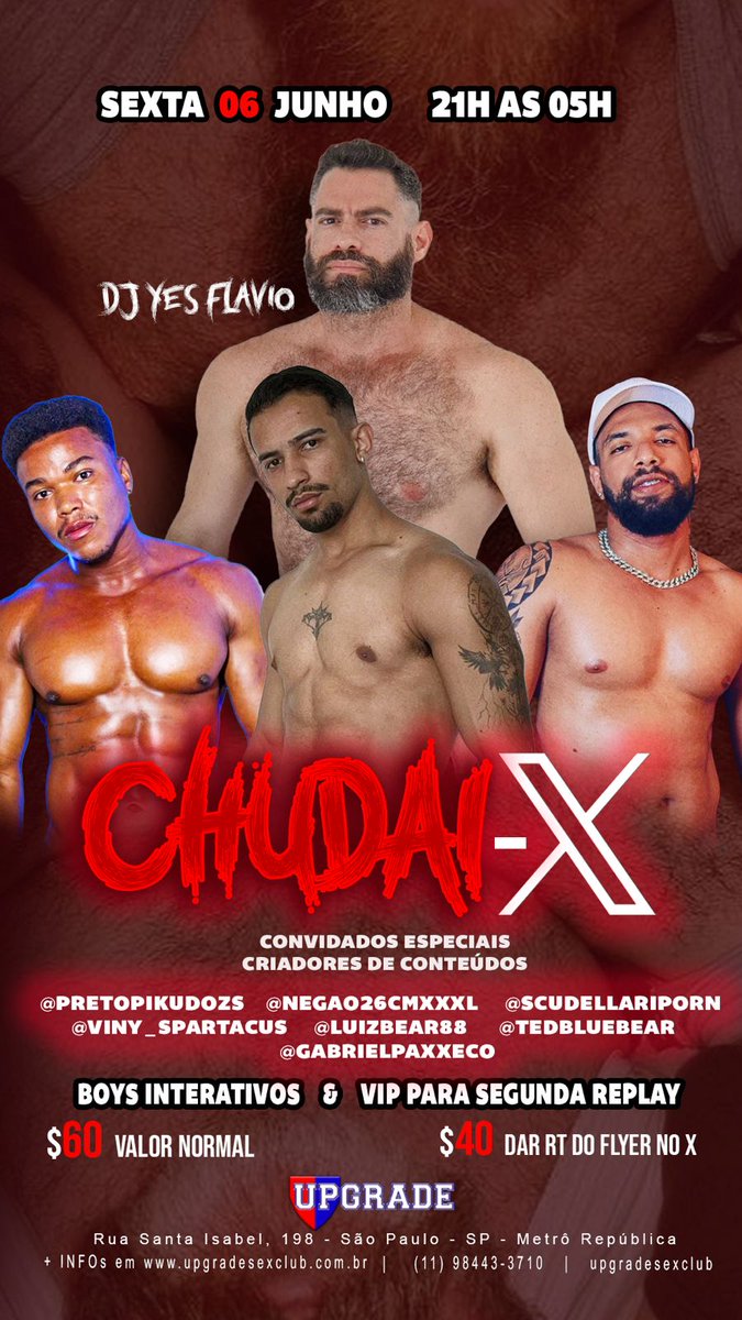 Upgrade Sex Club (@upgradesxclub) on Twitter photo CHUDAI-X
#2°
Sexta 06/06
21h as 05h
Dj <a href="/xxxflavioo/">🇧🇷🦍🎧DJ XXXFLAVIO</a>
Boys interativos as 00:30
<a href="/pietrocrvlho/">Pietro Carvalho</a>
<a href="/Xxxraphaxx/">XxZanoneXx 🔞🎥🔥</a>
<a href="/oxefilipe_/">Phill</a>
+Convidados do X <a href="/pretopikudoozs/">pretopikudoozs</a> <a href="/Negao26cmXXXL/">NEGÃO CARIOCA 26XXL</a> <a href="/ScudellariPorn/">Scudellari</a> <a href="/luizbear88/">Luiz Bear 🎬📽🔞 ✈️ Rio de Janeiro 07/08 a 13/08</a> <a href="/Viny_spartacus/">VINY SPARTACUS🍆</a> <a href="/Tedbluebear/">TED 🧸💙 77k</a> <a href="/GabrielPaxxeco/">Gabriel Paxxeco</a>
Dar Rt no flyer paga só R$ 40 CHUDAI-X
#2°
Sexta 06/06
21h as 05h
Dj <a href="/xxxflavioo/">🇧🇷🦍🎧DJ XXXFLAVIO</a>
Boys interativos as 00:30
<a href="/pietrocrvlho/">Pietro Carvalho</a>
<a href="/Xxxraphaxx/">XxZanoneXx 🔞🎥🔥</a>
<a href="/oxefilipe_/">Phill</a>
+Convidados do X <a href="/pretopikudoozs/">pretopikudoozs</a> <a href="/Negao26cmXXXL/">NEGÃO CARIOCA 26XXL</a> <a href="/ScudellariPorn/">Scudellari</a> <a href="/luizbear88/">Luiz Bear 🎬📽🔞 ✈️ Rio de Janeiro 07/08 a 13/08</a> <a href="/Viny_spartacus/">VINY SPARTACUS🍆</a> <a href="/Tedbluebear/">TED 🧸💙 77k</a> <a href="/GabrielPaxxeco/">Gabriel Paxxeco</a>
Dar Rt no flyer paga só R$ 40