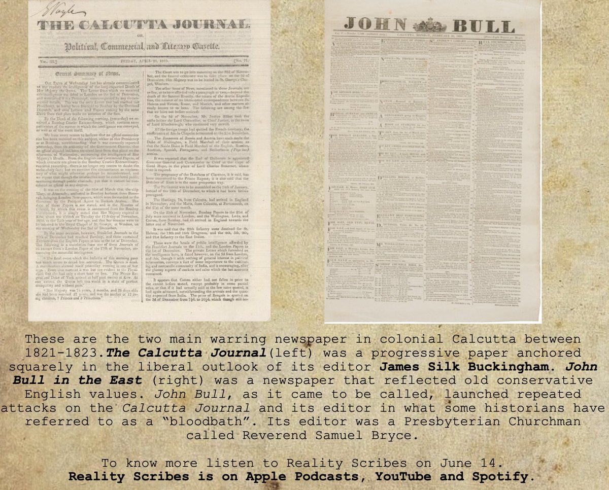 Between 1821 and 1823, a brutal newspaper war was fought between The Calcutta Journal headed by James Silk Buckingham and "John Bull in the East" headed by Reverend Samuel Bryce. The conservative John Bull hated the progressive Calcutta Journal and what it stood for.