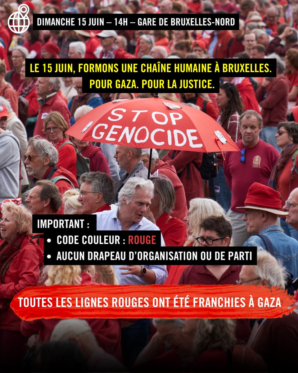 🔴 Le 15 juin, formons une chaîne humaine rouge à Bruxelles pour dénoncer l'impunité dont bénéficie Israël et qui lui permet de franchir toutes les lignes rouges.

📍 14h–Gare Bruxelles-Nord
👕 Portez du rouge
🚫 Pas de drapeaux d’organisation
+ d'infos👉 amnesty.be/evenement/marc…