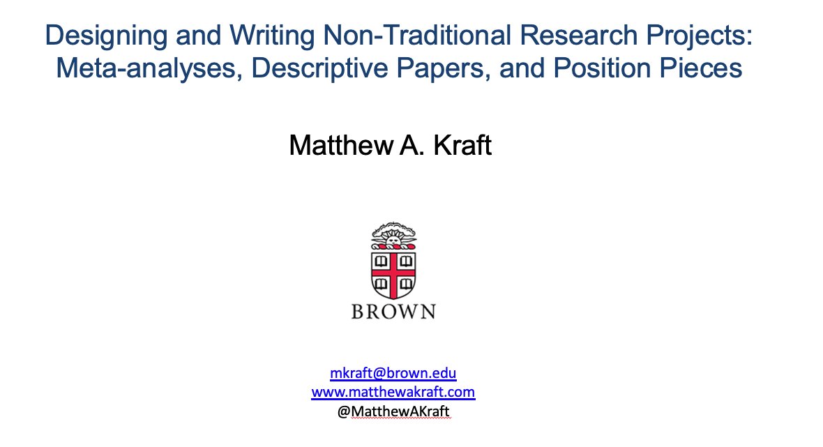 Matthew A. Kraft (@matthewakraft) on Twitter photo Last week I had the pleasure of sharing my advice on writing non-traditional papers w/ Notre Dame’s Program for Interdisciplinary Educational Research led by <a href="/chloergibbs/">chloe gibbs</a>.
I hope this can support others to branch out & engage in the policy debate.
🧵
notredame.zoom.us/rec/play/WUfpe… Last week I had the pleasure of sharing my advice on writing non-traditional papers w/ Notre Dame’s Program for Interdisciplinary Educational Research led by <a href="/chloergibbs/">chloe gibbs</a>.
I hope this can support others to branch out & engage in the policy debate.
🧵
notredame.zoom.us/rec/play/WUfpe…