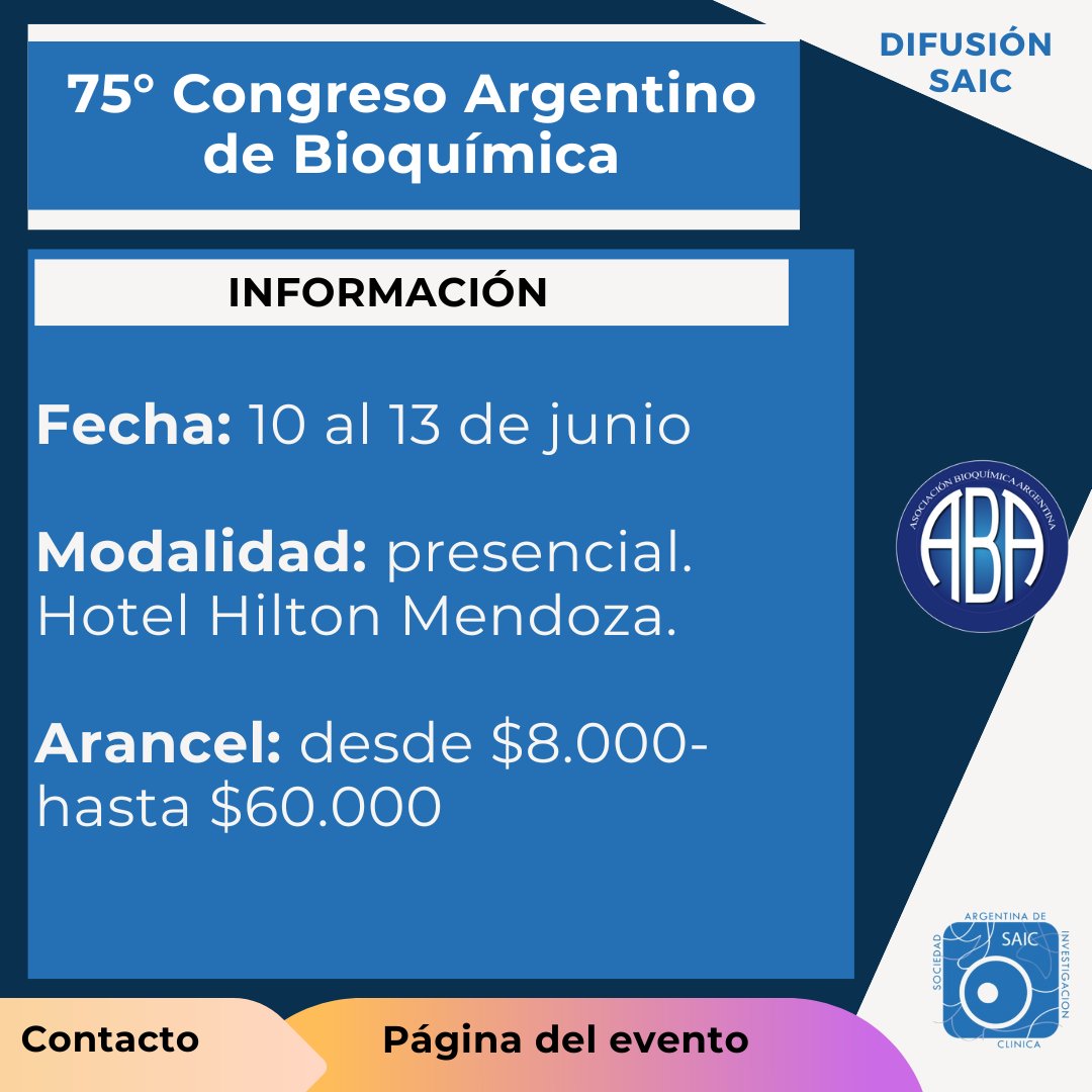 75° Congreso Argentino de Bioquímica

📆Fecha: 10 al 13 de junio 2025
🚶‍♀️Modalidad: presencial. Hotel Hilton Mendoza.
💸Arancel: desde $8.000- hasta $60.000

#congreso
#bioquimica
