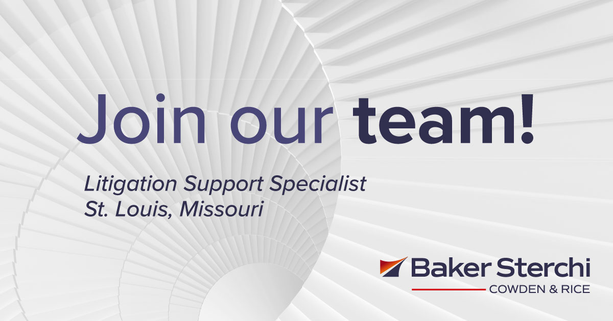 JOIN OUR TEAM! Baker Sterchi has an opportunity in its St. Louis, MO office for a highly motivated and skilled litigation support specialist. The ideal candidate is professional in demeanor and enjoys working as a team. Learn more: conta.cc/3ZgsTws

#TeamBakerSterchi