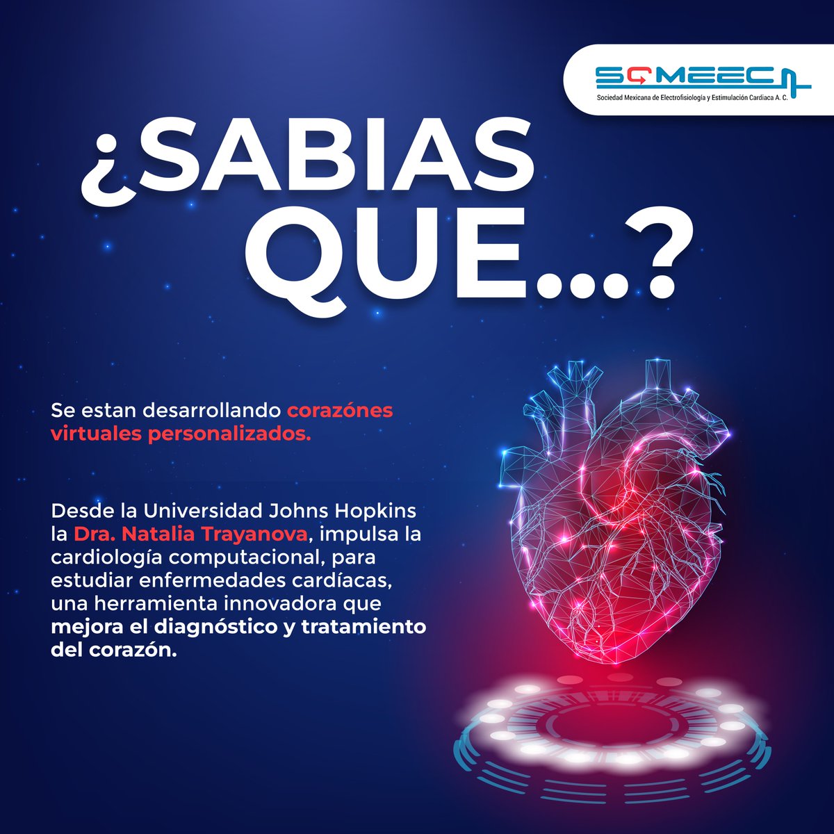 💡 ¿Sabías que la tecnología también late al ritmo del corazón?
La Dra. Natalia Trayanova, pionera en cardiología computacional, crea corazones virtuales personalizados, para optimizar tratamientos y mejorar los resultados clínicos. 🫀💻
#SabíasQue #SOMEEC
