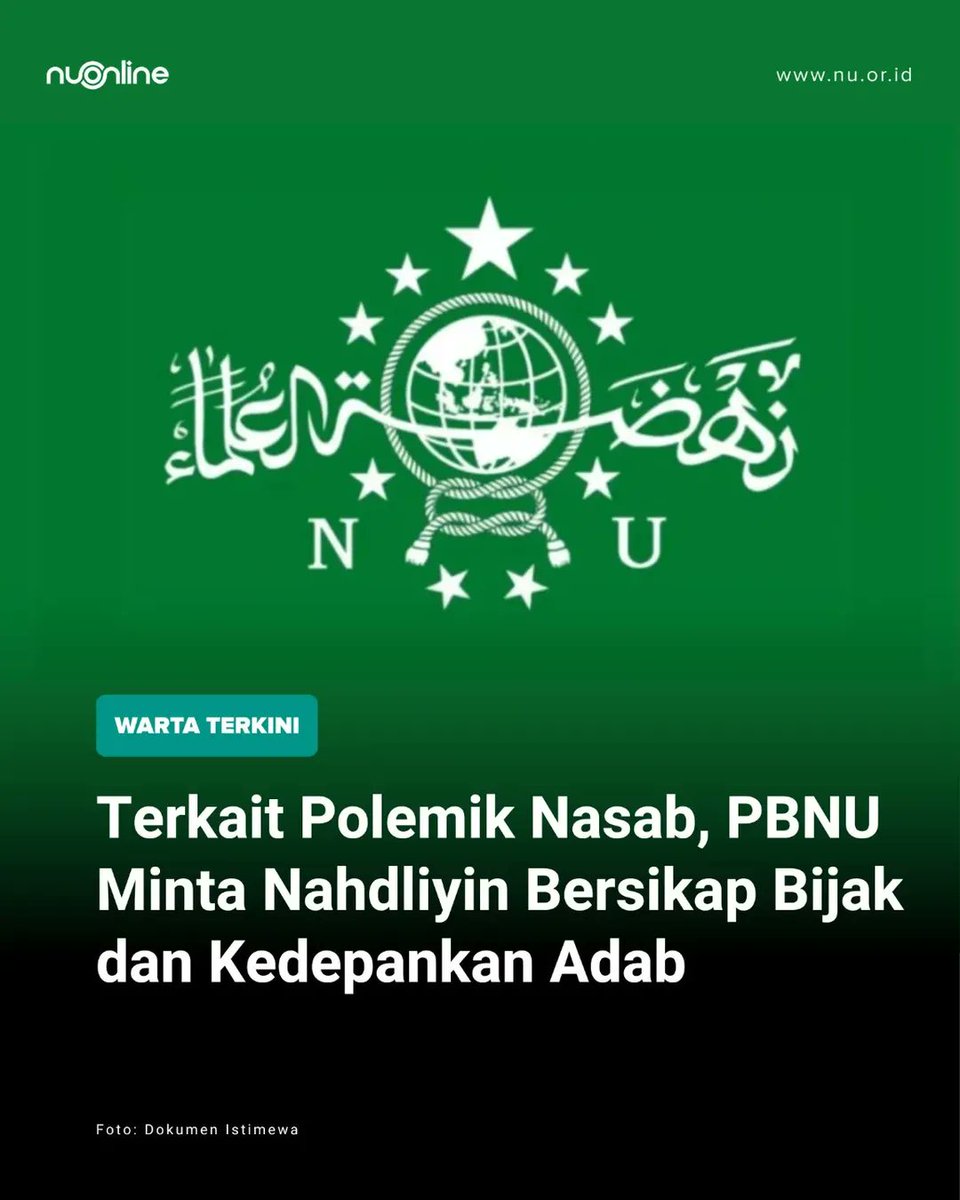 Polemik isu nasab masih terus bergulir di tengah masyarakat dengan saling silang pendapat. Menyikapi hal tersebut, Pengurus Besar Nahdlatul Ulama (PBNU) menginstruksikan kepada Nahdliyin untuk bersikap bijak dan mengedepankan adab.

Hal tersebut termaktub dalam Surat Instruksi