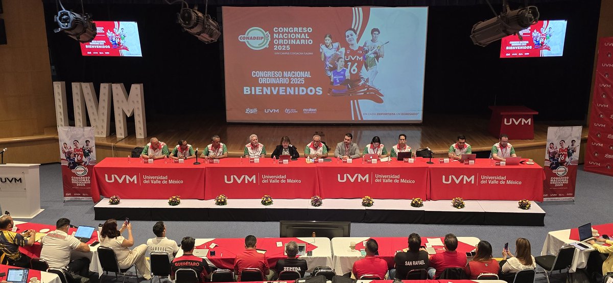 Comienza la asamblea de asociados del Congreso Nacional Ordinario 2025 en la UVM, con la presencia especial de la Dra. Mónica Porres, rectora institucional de la UVM y Luis Rivera, subdirector de Calidad para el Deporte de la CONADE.

¡Bienvenidos! 

#CongresoCONADEIP