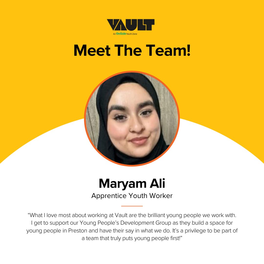 VaultYouthZone's tweet image. Meet Maryam, one of our Apprentice Youth Workers. Maryam is already doing great work at other youth zones and with our YPDG.
#prestonyoungpeople #prestonyouth #preston #vaultyouthzone #prestonlancashire