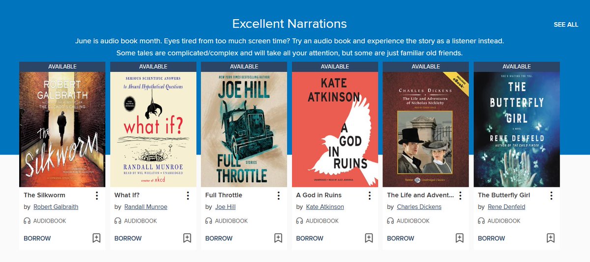 BentleyLibrary's tweet image. June is Audiobook Month! Explore Libby/OverDrive for some great listens! Our "Excellent Narrations" and "2025 Audie Award Winners &amp;amp; Nominees" curated audio collections are perfect places to start browsing. 🎧 bentleydownload.overdrive.com/collections/fe…