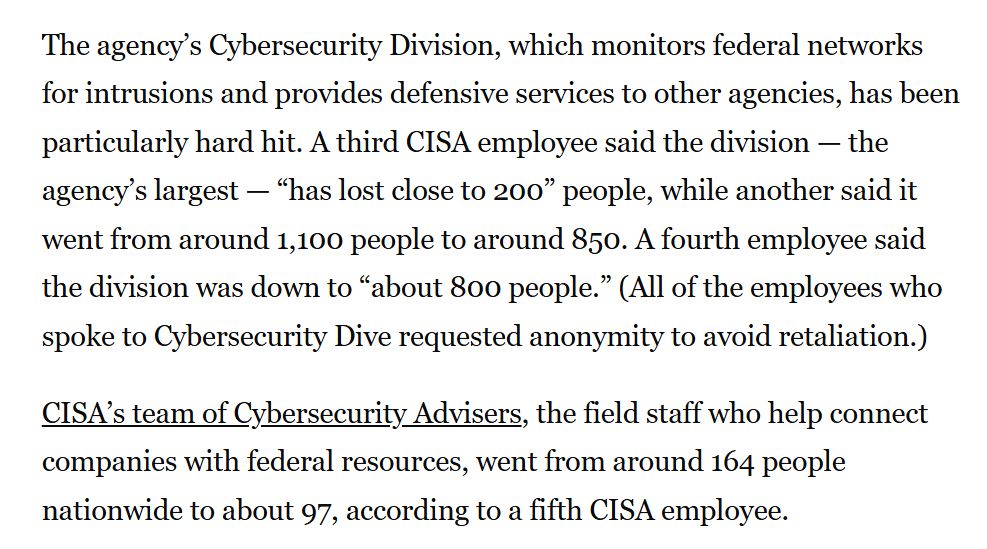 Eric Geller (@ericgeller) on Twitter photo New: <a href="/CISAgov/">Cybersecurity and Infrastructure Security Agency</a> has already lost ~1,000 employees to Trump's workforce purge, with the marquee Cybersecurity Division hit hard and many departures from the agency's field force of local cyber advisers. cybersecuritydive.com/news/cisa-depa…
Confirming <a href="/samsabin923/">Sam Sabin</a>'s scoop. New: <a href="/CISAgov/">Cybersecurity and Infrastructure Security Agency</a> has already lost ~1,000 employees to Trump's workforce purge, with the marquee Cybersecurity Division hit hard and many departures from the agency's field force of local cyber advisers. cybersecuritydive.com/news/cisa-depa…
Confirming <a href="/samsabin923/">Sam Sabin</a>'s scoop.