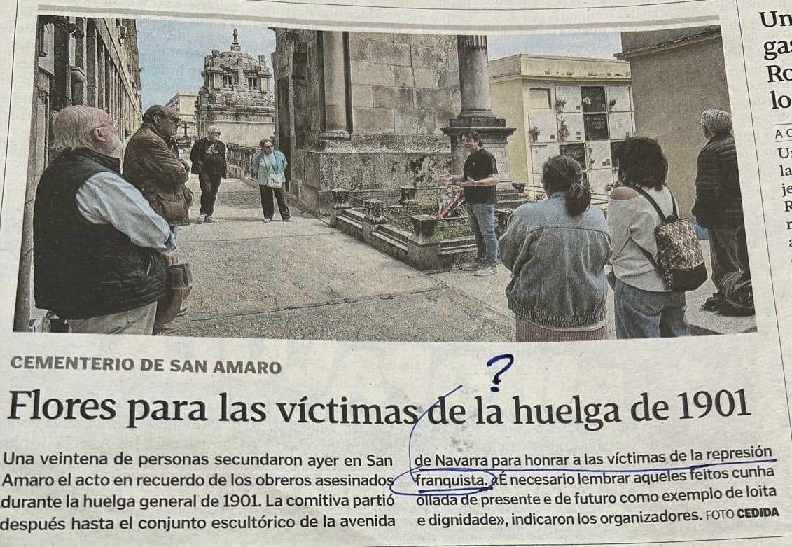 En Galicia, acto de desagravio a las víctimas “franquistas” de una huelga en 1901. Franco tenía 9 años.

Gobernaba el liberal Sagasta. 
Todo es una pvñetera mentira.