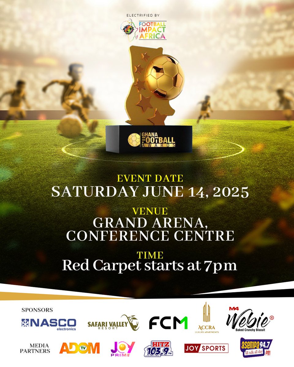 Felix Romark (@felixromark) on Twitter photo 7th Edition of the Ghana Football Awards <a href="/GF_Awards/">The Ghana Football Awards</a> ๐โฝ๐ฌ๐ญ
๐๏ธ 14th June 2025
๐ 7 PM Sharp
๐ฌ Grand Arena- Accra International Conference Centre
Strictly by INVITATION.
Proudly Sponsored by <a href="/nascoghana/">Nasco Electronics Ghana</a> <a href="/safarivalley/">safarivalley</a>
#GfAwards #GhanaFootballAwards #GfAwards25 7th Edition of the Ghana Football Awards <a href="/GF_Awards/">The Ghana Football Awards</a> ๐โฝ๐ฌ๐ญ
๐๏ธ 14th June 2025
๐ 7 PM Sharp
๐ฌ Grand Arena- Accra International Conference Centre
Strictly by INVITATION.
Proudly Sponsored by <a href="/nascoghana/">Nasco Electronics Ghana</a> <a href="/safarivalley/">safarivalley</a>
#GfAwards #GhanaFootballAwards #GfAwards25