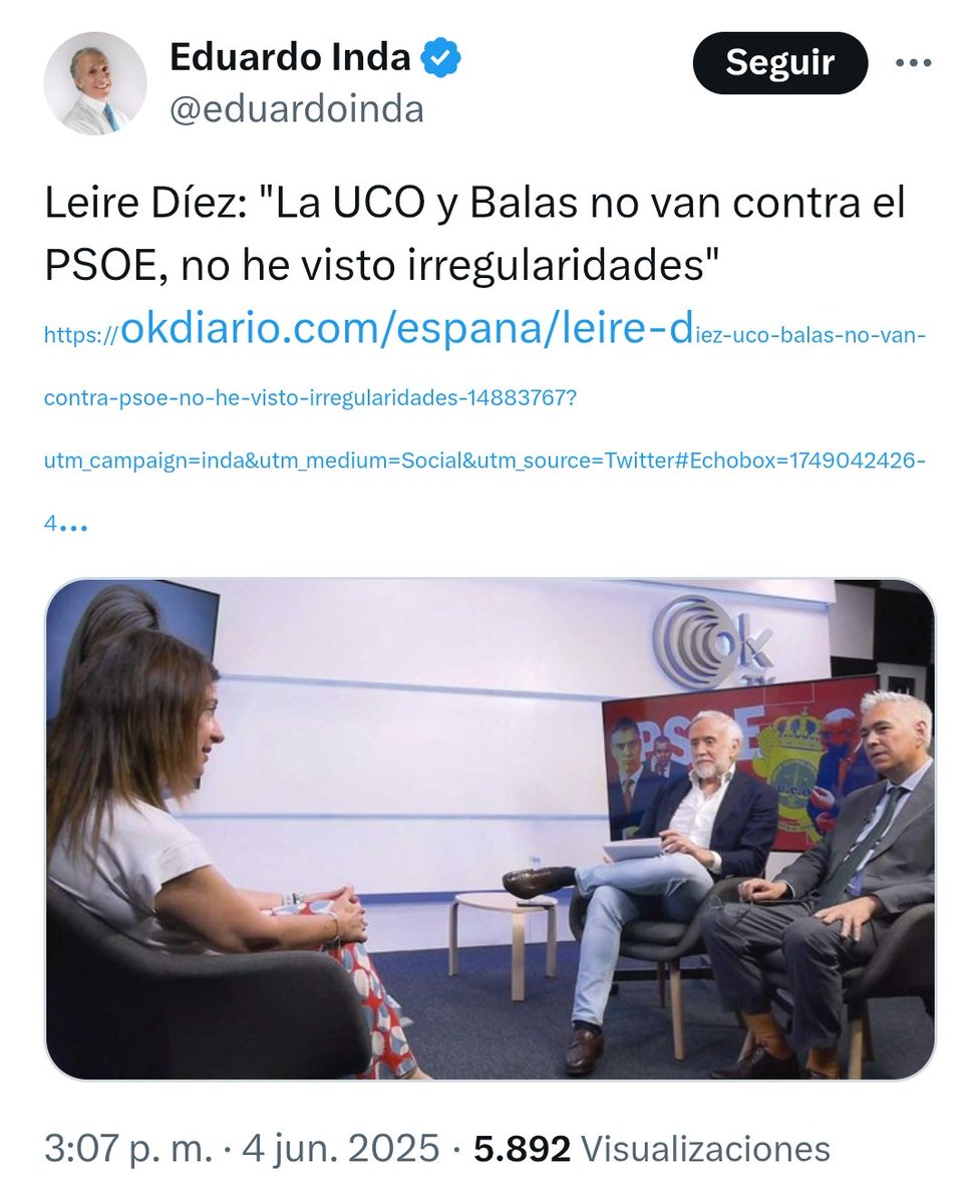 Alucinante. 
Pacta una entrevista con El Tablero esta mañana, la cancela y acaba apareciendo con Inda. Normal que no se sentara con Laura Arroyo. Hablar de cloacas con las cloacas es hipócrita.