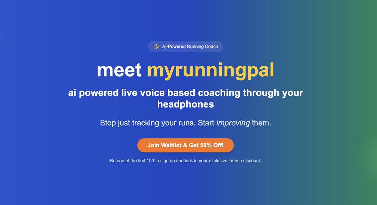 super excited to announce myrunningpal !

as a runner myself often i feel the need of a coach who can guide me live based on my metrics like heart-rate, cadence, vertical oscillations etc..

i made ai do that and now i am launching it for public use !

join the waitlist now!
