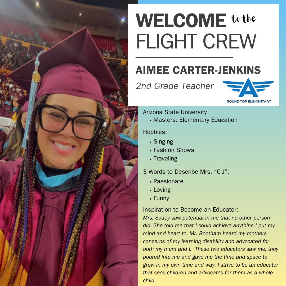 Round Top Elementary (@rteflightstatus) on Twitter photo Please give an Aviator Salute to Ms. Carter-Jenkins (aka Ms. C-J), who is joining our 2nd grade team! #ECHOco ✈️ <a href="/RichlandTwo/">Richland School District Two</a> Please give an Aviator Salute to Ms. Carter-Jenkins (aka Ms. C-J), who is joining our 2nd grade team! #ECHOco ✈️ <a href="/RichlandTwo/">Richland School District Two</a>