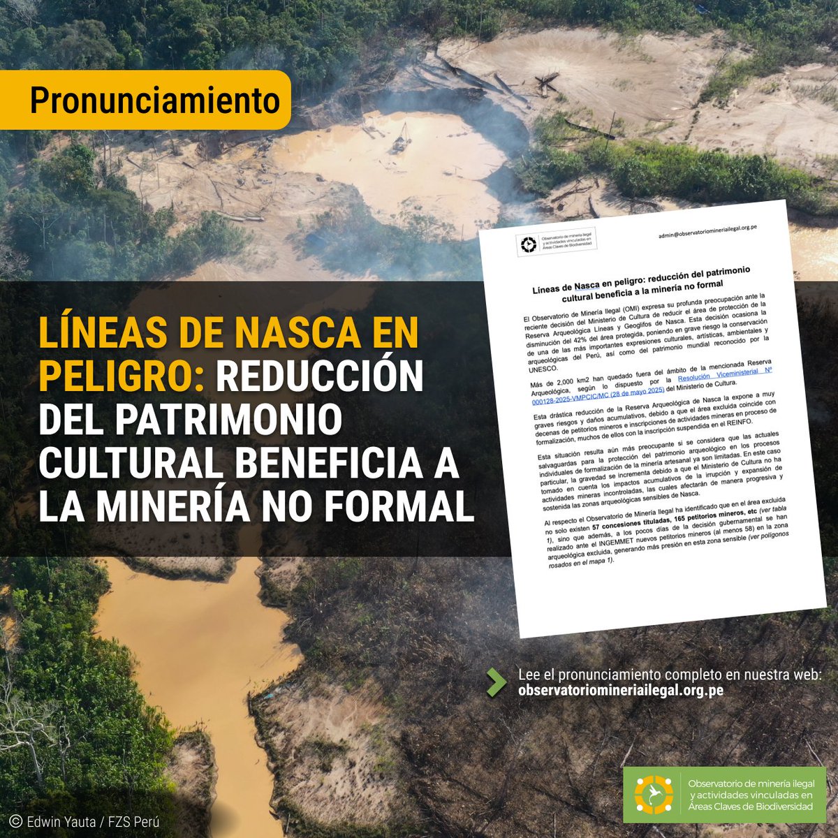 ¡Las Líneas de Nasca están en peligro!
En esa zona ya existen 229 derechos mineros registrados, y 58 nuevos petitorios han sido solicitados después del recorte de este patrimonio cultural.

⚠️Esto no es casualidad: es una puerta abierta para la expansión minera informal en uno de
