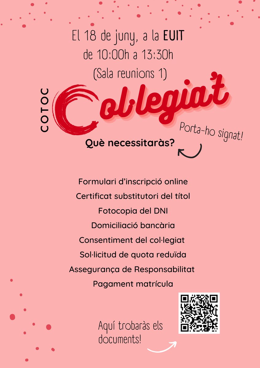 El pròxim 18 de juny, si ets estudiant de <a href="/euit_terrassa/">EUIT</a>   i acabes de graduar-te, tens una oportunitat clau per fer un pas endavant en la teva trajectòria com a #terapeutaocupacional.

A partir de les 10 h, estarem allà per ajudar-te a col·legiar-te i iniciar aquest nou camí.