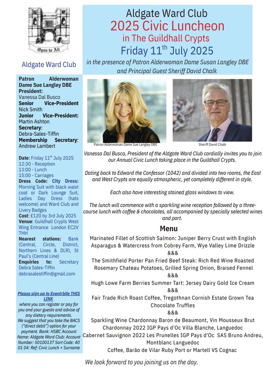 An exciting City event coming up: Aldgate Ward Club’s Civic Luncheon at Guildhall on Fri 11 July.