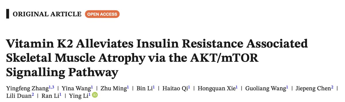La Vitamina K2💊 (menaquinona-7) mejora la atrofia muscular asociada a la resistencia a la insulina al activar la vía AKT/mTOR a través del regulador Ccn2🧬, lo que incrementa la síntesis de proteínas musculares💪