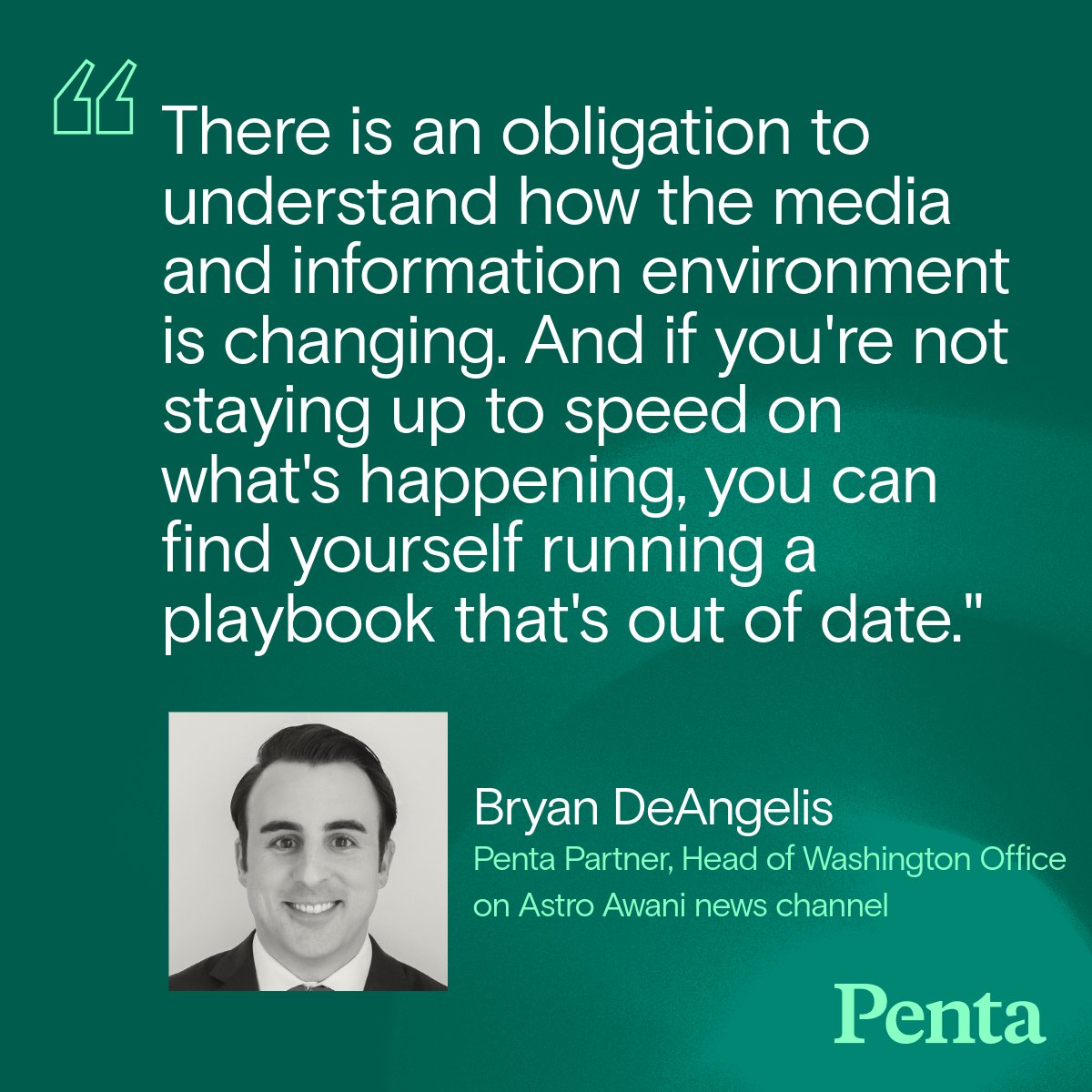 When is the last time you evaluated your organization's #communications playbook?
As Penta Partner <a href="/BDeAngelis82/">Bryan DeAngelis</a> explained on his segment with @astroawani, #media strategy needs to move at the rapid pace of the evolving information landscape, itself. Firms relying on outdated